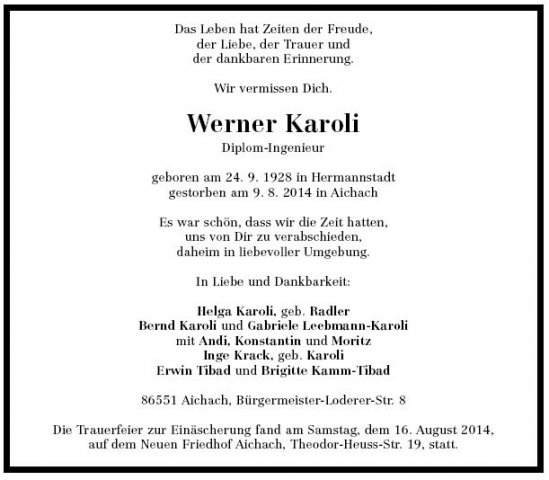 Karoli Werner 1928-2014 Todesanzeige